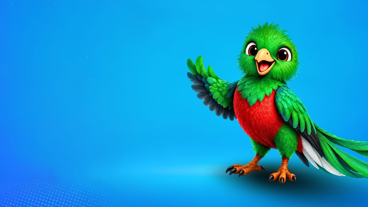 Mi Tiendita Chapina's Mascot. A 3D cartoon-style green parrot with a bright red chest, blue wings, and an orange beak, standing on a blue gradient background with open space on the left.