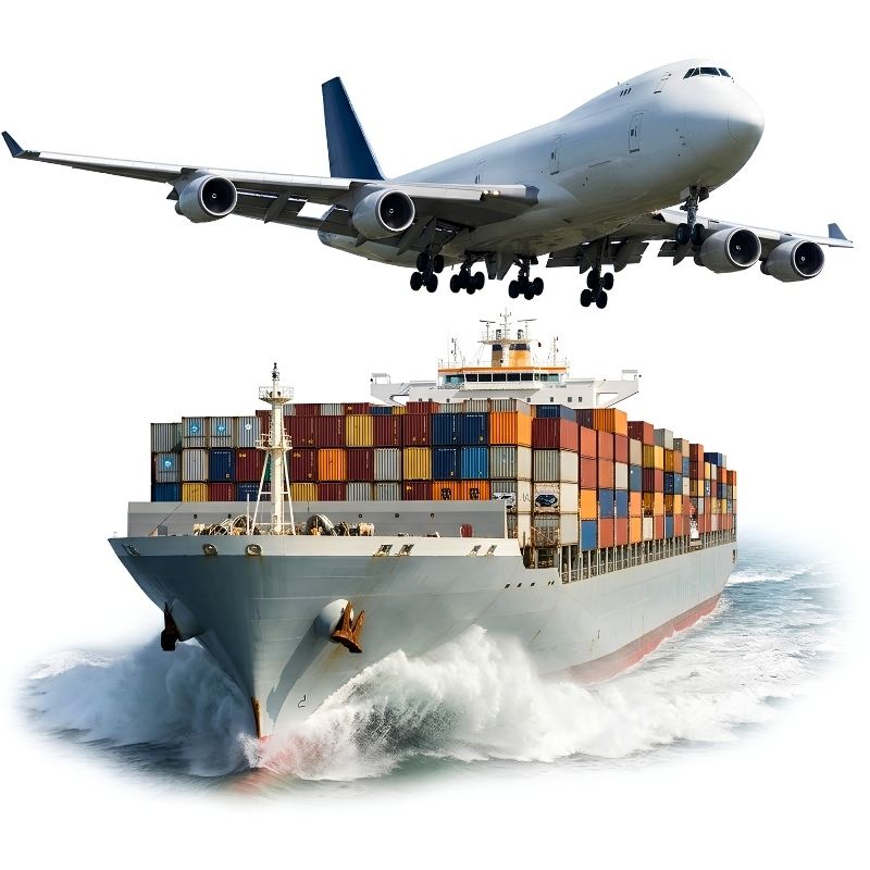 A cargo ship filled with stacked shipping containers in red, blue, and white, shown beneath a commercial airplane on a plain white background.