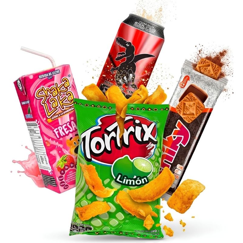 Two packaged snack products shown on a plain white background: A Chiky chocolate biscuit package on the left and a bright pink Shaka Laka Fresa drink package on the right.